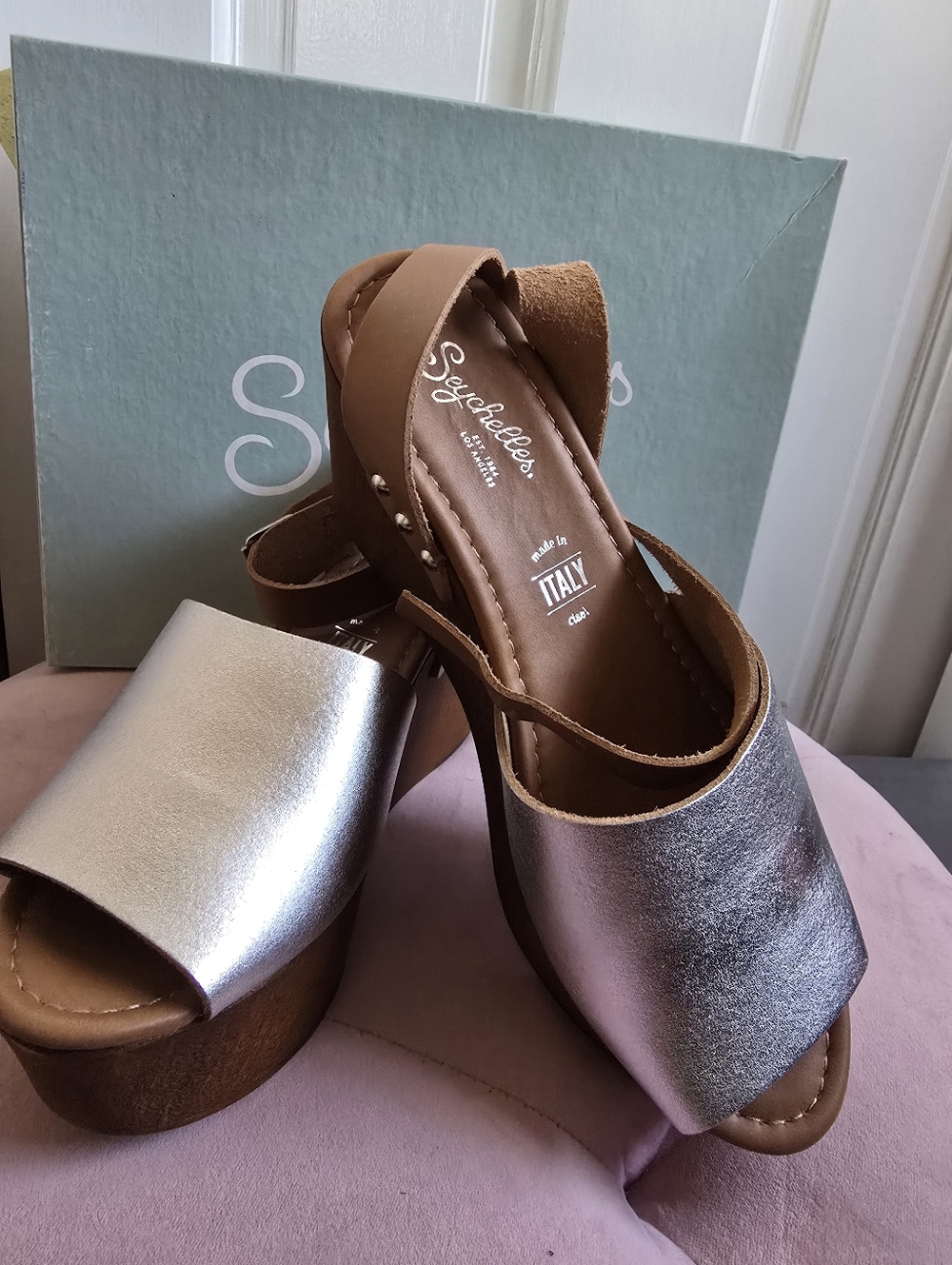 Seychelles Metallic Silver & Brown Platform Wedge Sandals - Picture 2 of 4